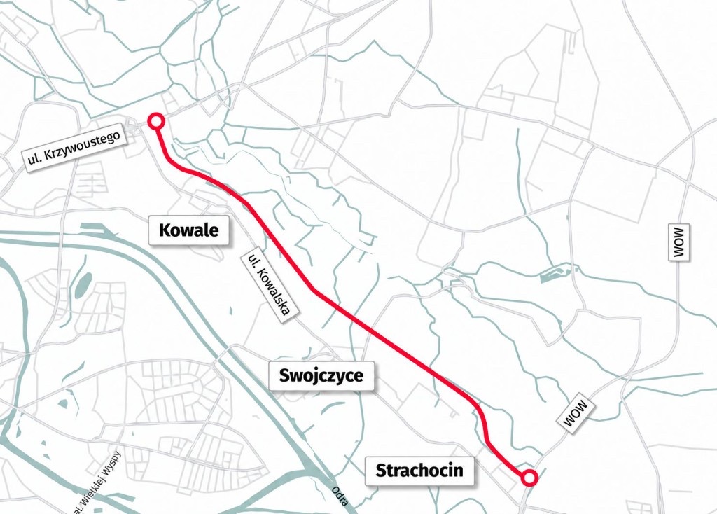 Schemat przebiegu Trasy Swojczyckiej przez Kowale, Swojczyce i Strachocin